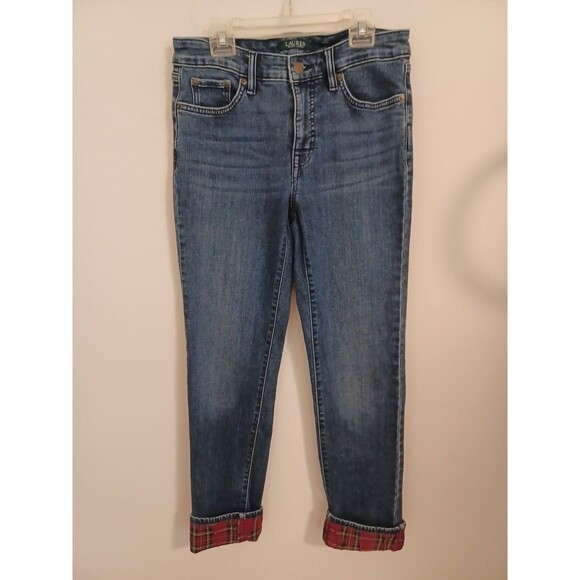 Lauren Ralph Lauren Premier Straight Ankle Jeans Womens 4 Tartan Plaid Pant Cuff - Picture 1 of 10
